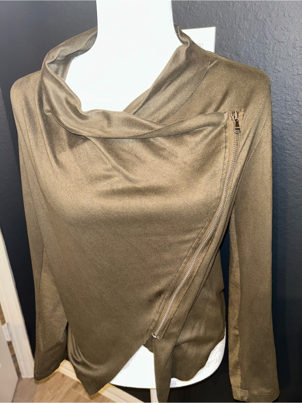 Vigoss Olive Green Cowl Neck Asymmetrical Zip Sweater Butter soft